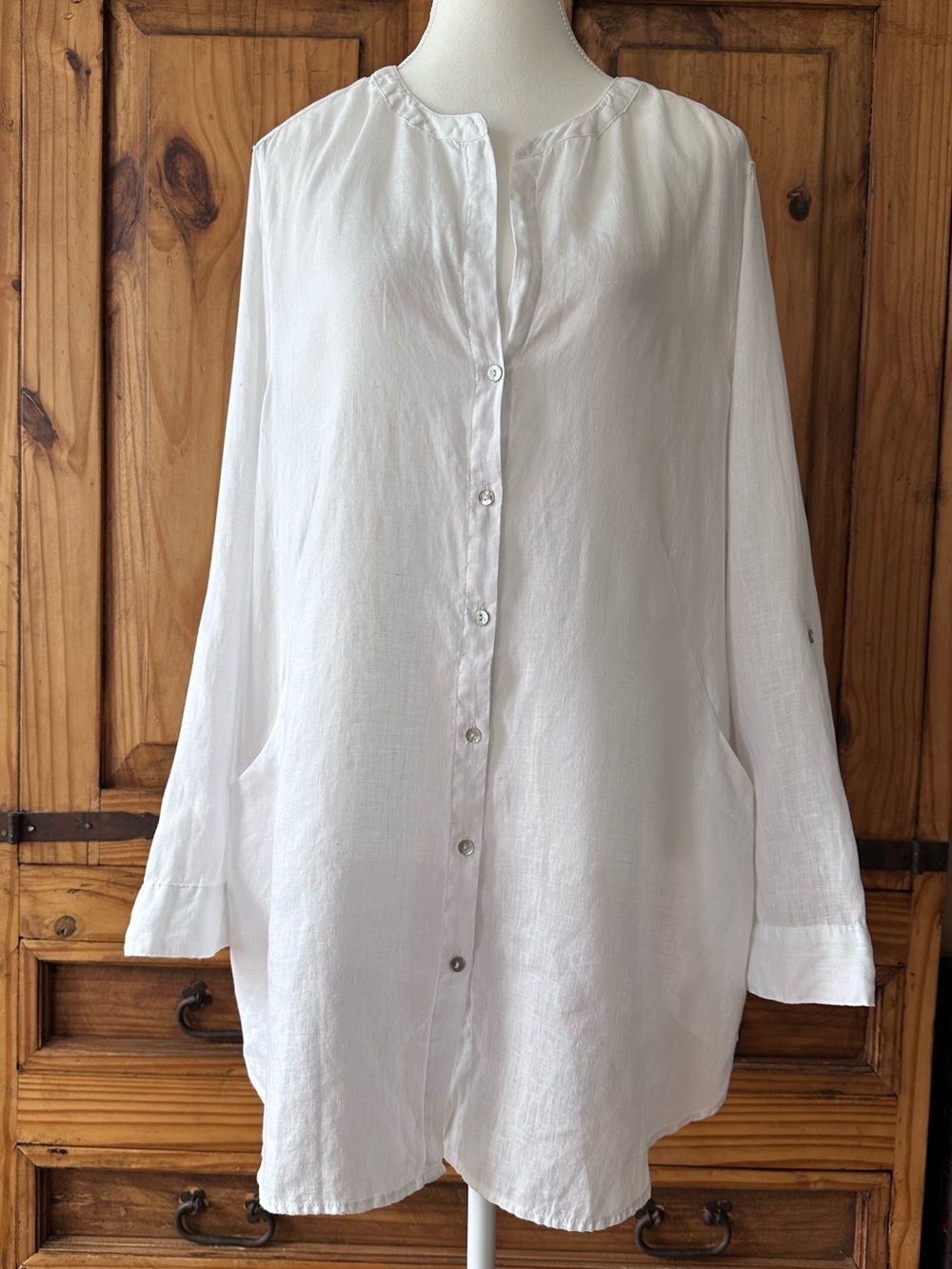 Sigrid Olsen 100% Linen White Button-Up Shirt w/ Pockets Coastal Lagenlook - 1X